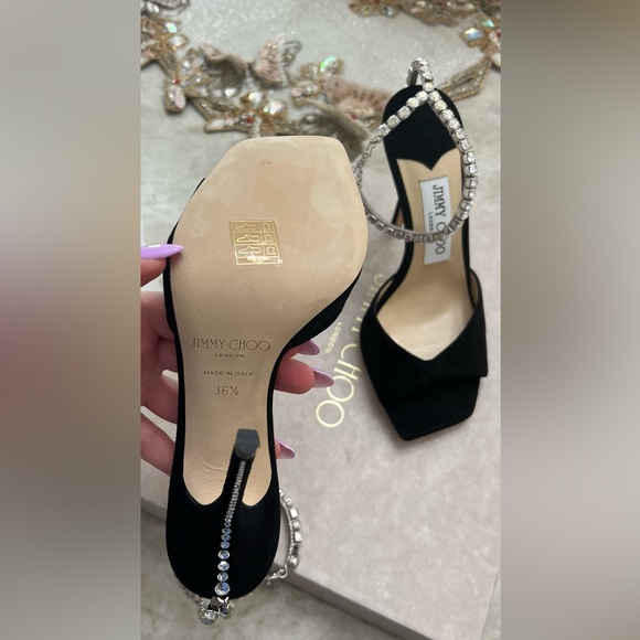Jimmy Choo Saeda Sandal 100, Black Suede Sandals with Crystal Embellishment - Picture 4 of 5